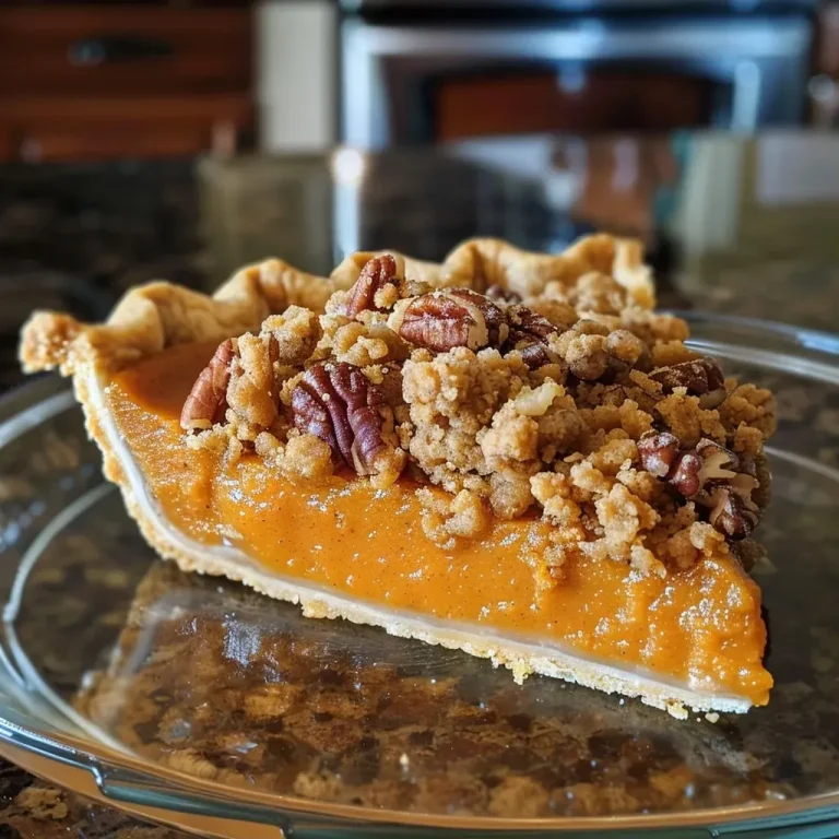 Harvest Harmony: Crafting the Perfect Pumpkin Pie with a Crunchy Streusel Twist A close-up side view of a golden-brown pumpkin pie topped with streusel.