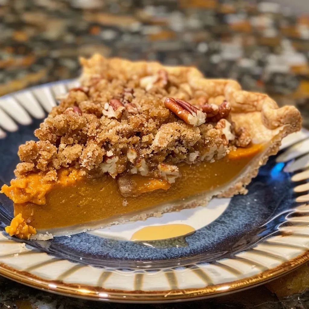 Juicy pumpkin pie displaying a crunchy streusel topping and smooth filling.