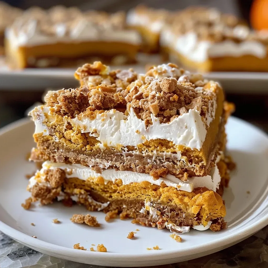 Delicious pumpkin roll bars with a rich cream cheese top and spices sprinkled on.
