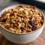 Close-up of golden-brown pumpkin spice granola with visible oats and spices.