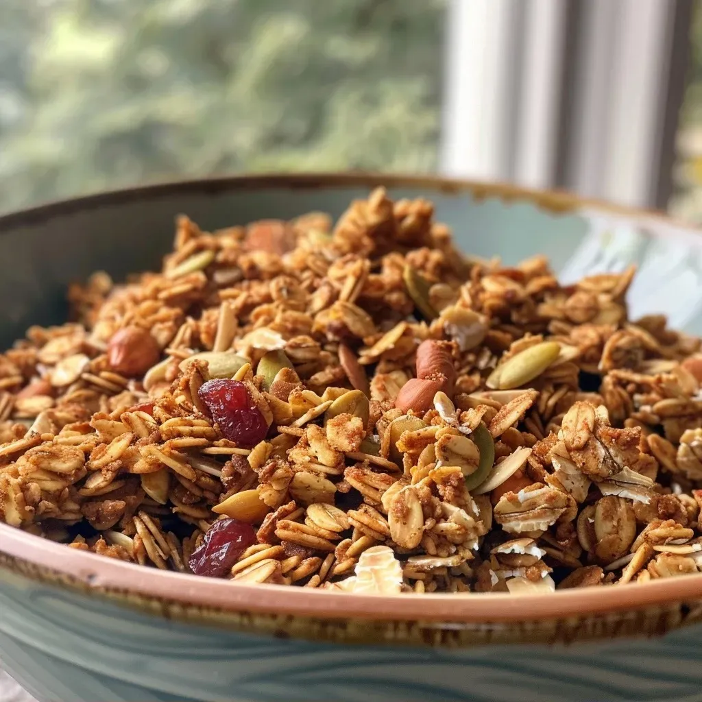 Side view of a bowl filled with pumpkin spice granola, showcasing its crunchy texture.