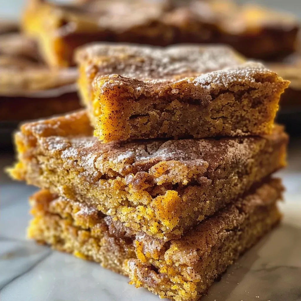 Side angle of moist Pumpkin Spice Snickerdoodle Blondies topped with cinnamon sugar.
