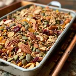 Close-up of a colorful mix of pumpkin spice trail mix including almonds, pecans, and cranberries.