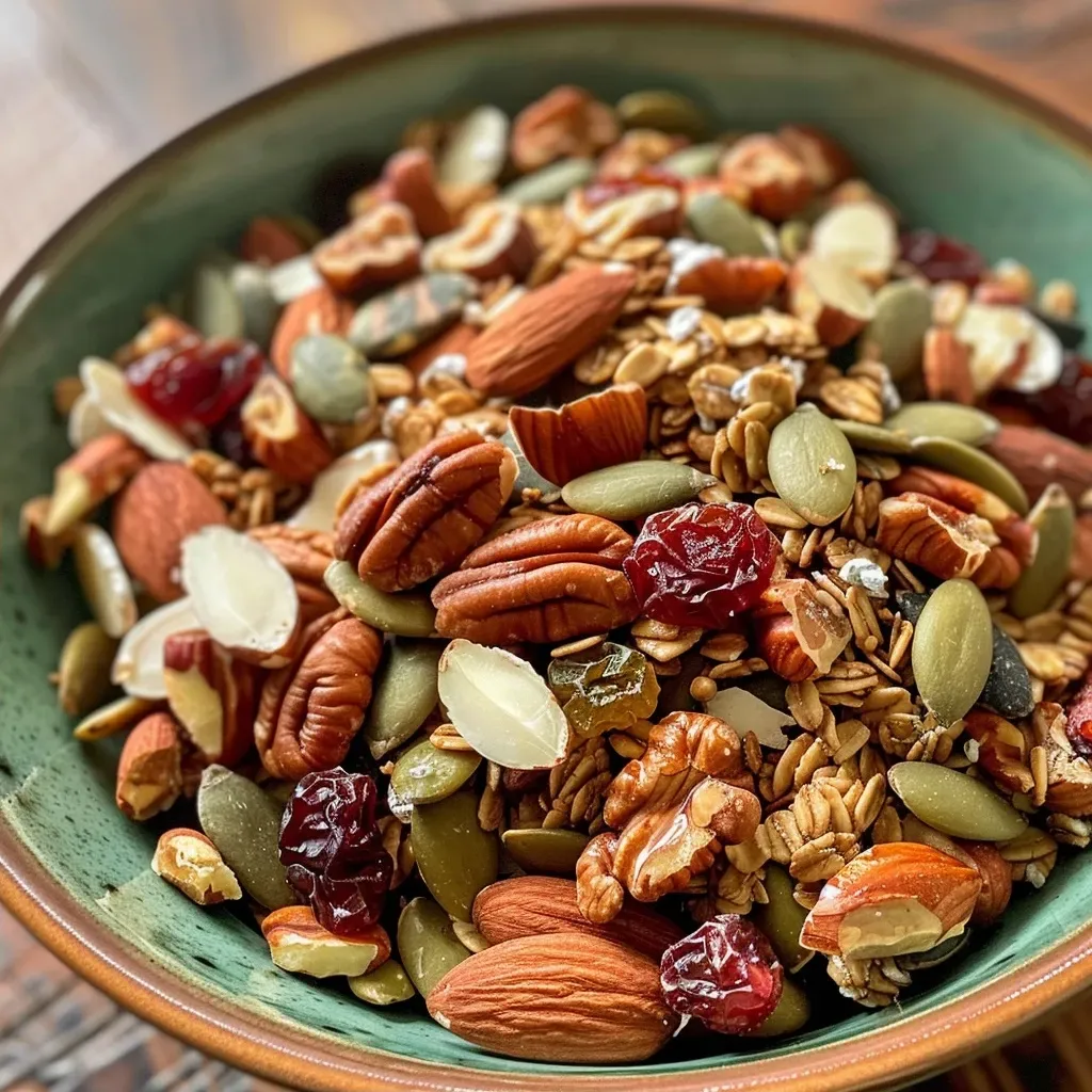 Side view of a rich pumpkin spice trail mix featuring nuts and dried fruits in a stylish bowl.