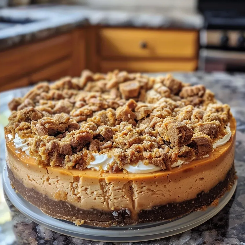Side view of a creamy Pumpkin Streusel Cheesecake showcasing its layered texture.