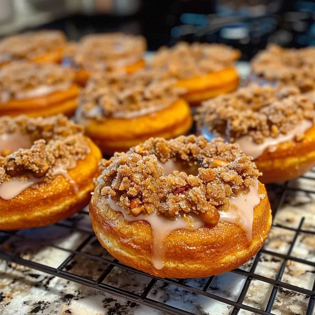 Side view of a delicious Pumpkin Streusel Donut, showcasing its texture and toppings.