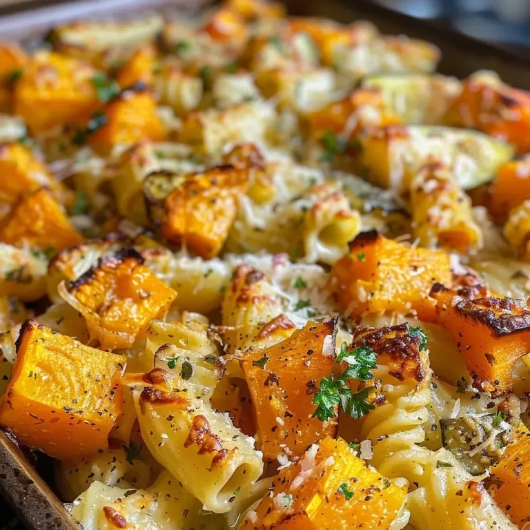 Close-up view of a baked pasta dish with roasted butternut squash and zucchini.