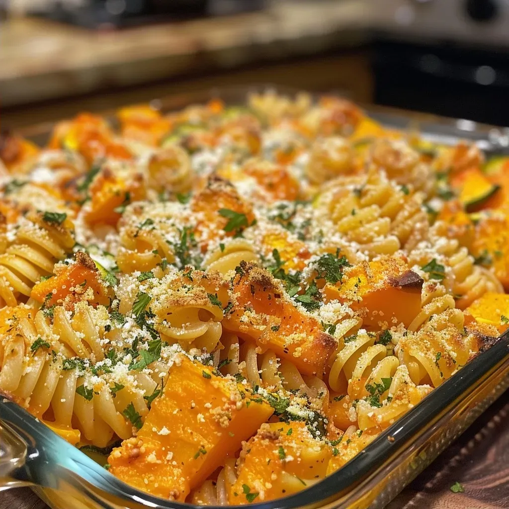 Side angle of a hearty pasta bake showcasing vibrant orange squash and green zucchini.