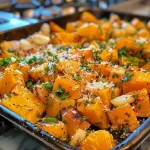 Golden roasted butternut squash cubes topped with melted cheese and herbs.