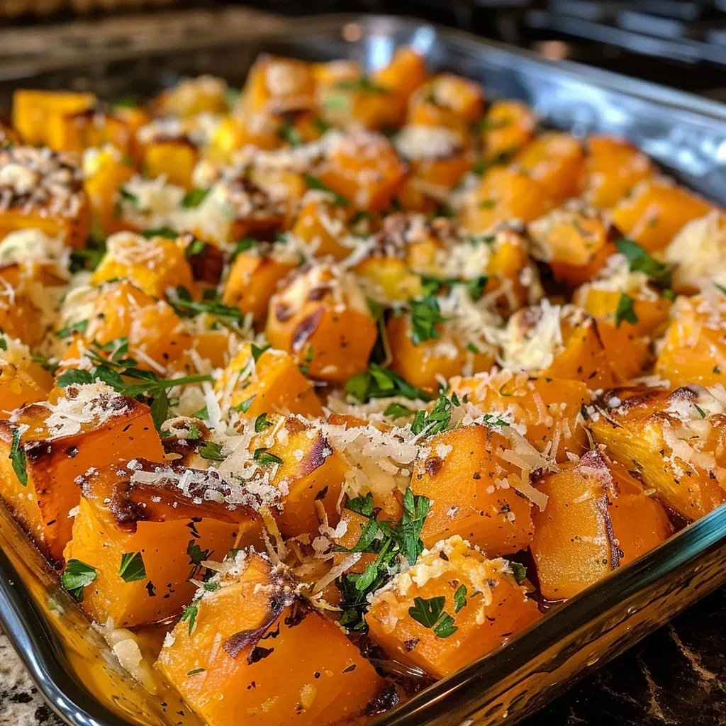 Close-up of a baking dish filled with roasted butternut squash garnished with parsley.