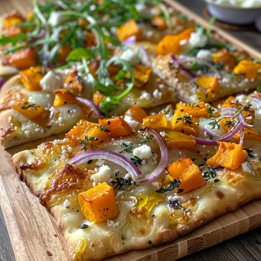 A juicy roasted butternut squash flatbread with slices of red onion and drizzled maple syrup.