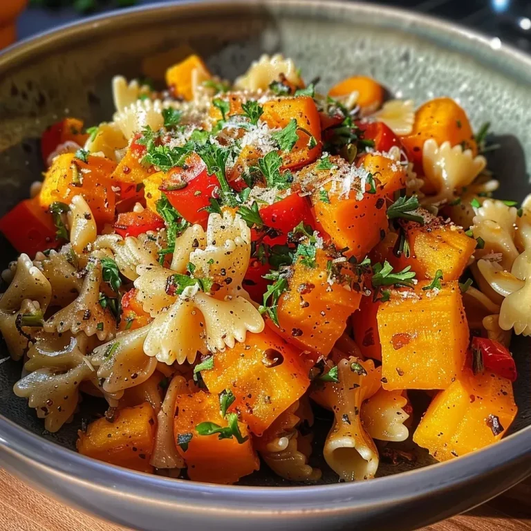 Close-up view of roasted butternut squash pasta with red pepper and gruyere cheese.
