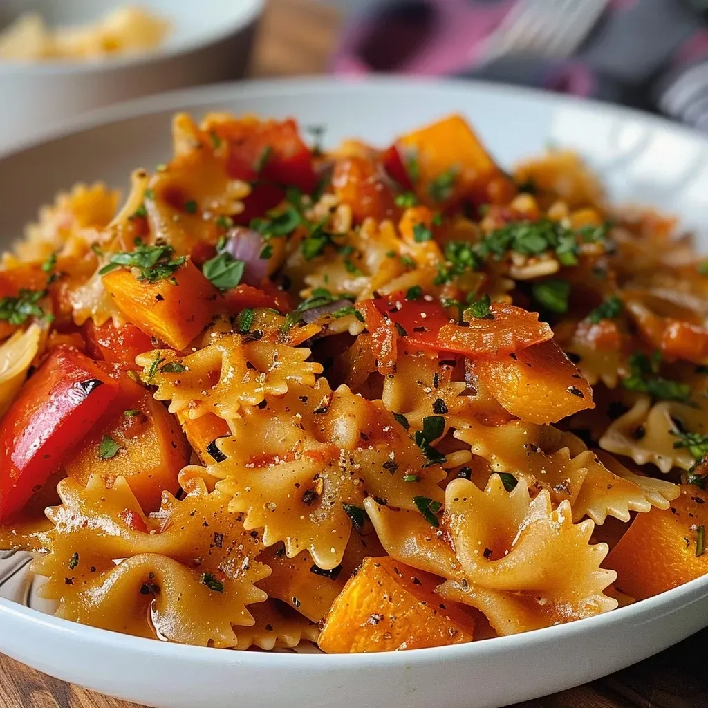 Juicy roasted butternut squash and red pepper pasta garnished with parsley and melted cheese.