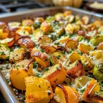 Close-up of a roasted fall vegetable casserole topped with melted cheese.