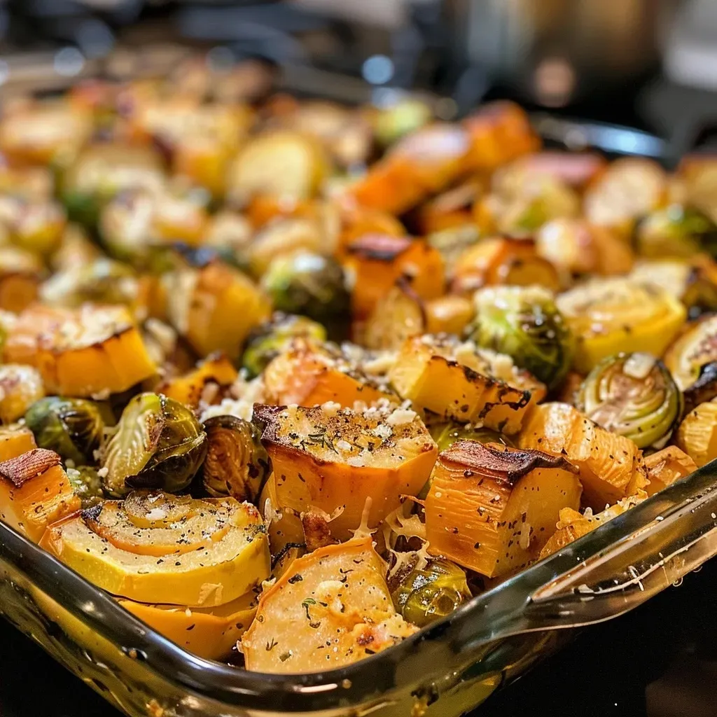 Side view of a colorful casserole displaying layers of roasted vegetables.
