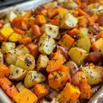 A close-up view of roasted fall vegetables, showcasing vibrant carrots, parsnips, baby potatoes, butternut squash, shallots, and garlic.