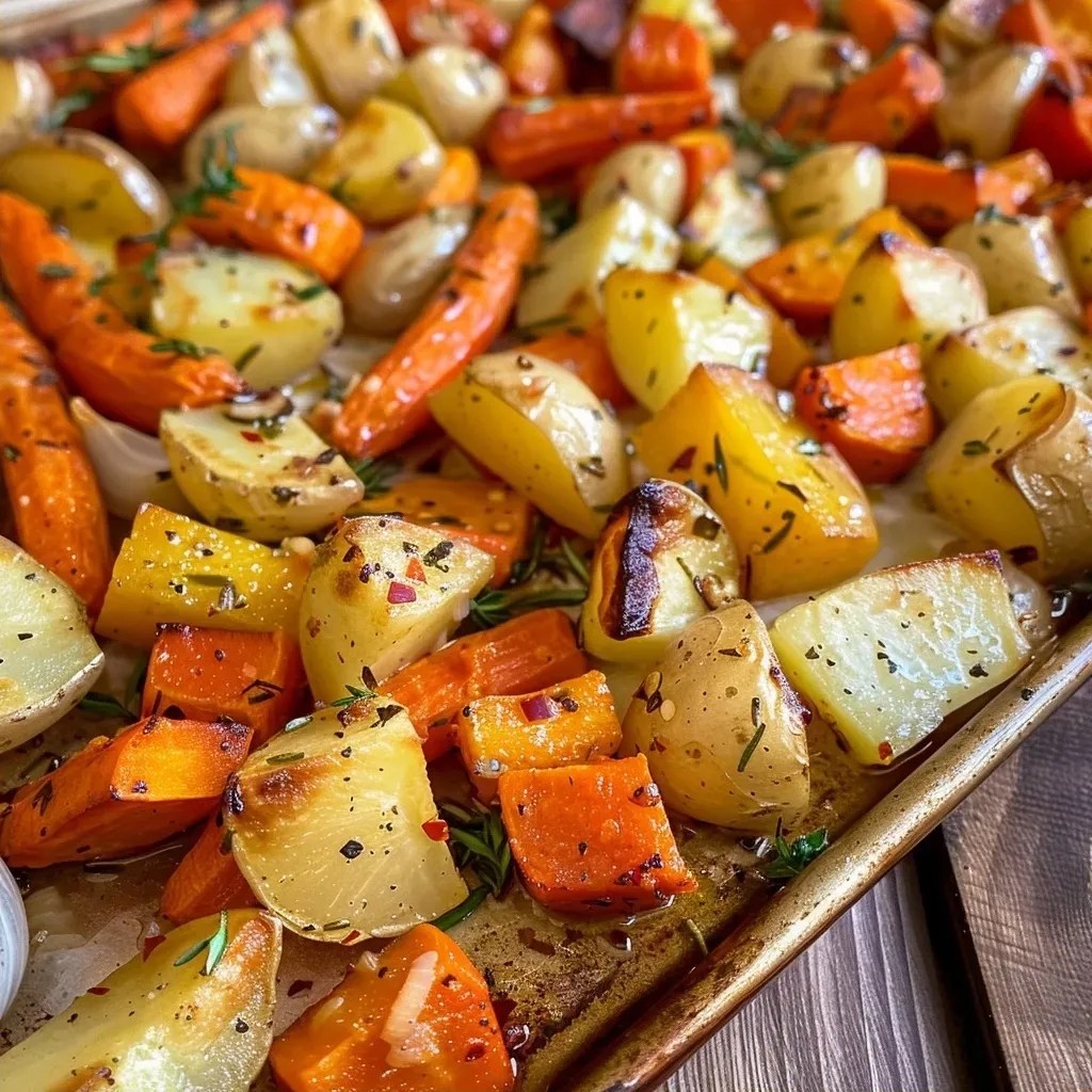 Juicy roasted vegetables including carrots and parsnips, arranged beautifully with rosemary sprigs on a plate.
