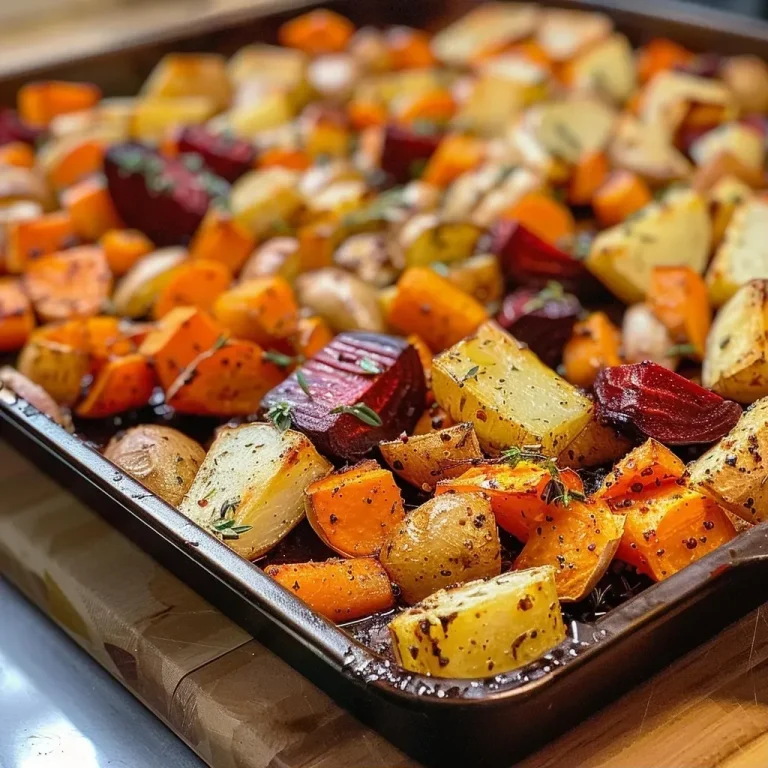 Close-up of colorful roasted root vegetables including carrots, parsnips, beets, sweet potato, and red onion.
