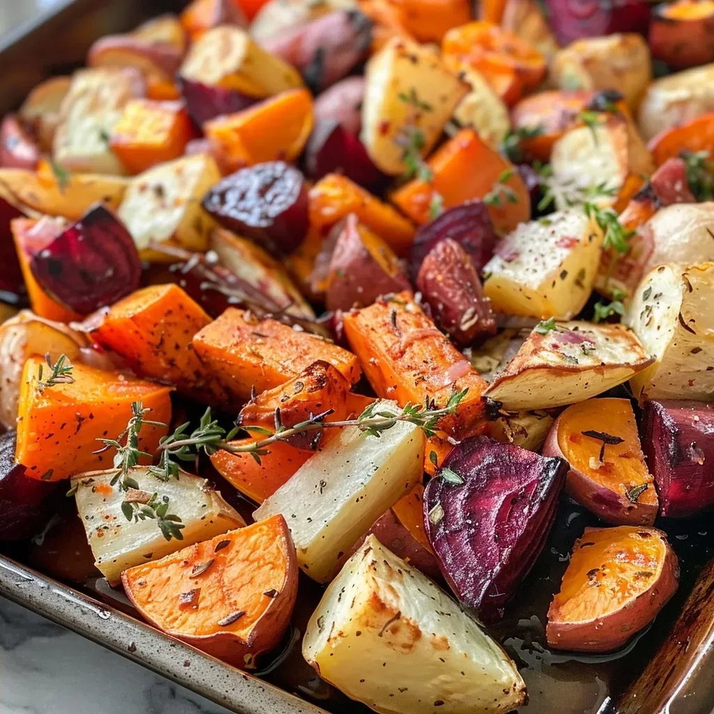 A side view of juicy roasted root vegetables displayed on a plate, featuring a mix of vibrant colors.