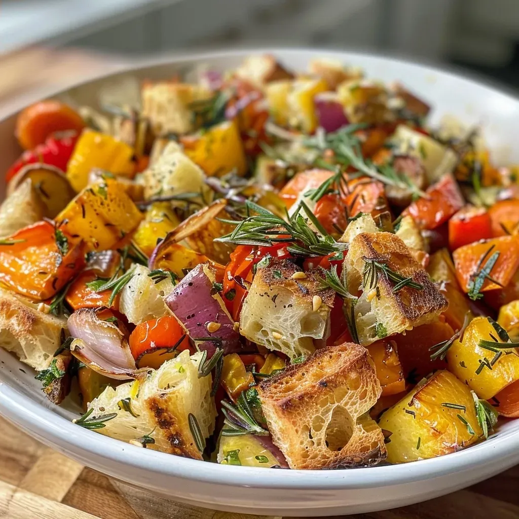 A vibrant plate of Rosemary Roasted Root Vegetable Panzanella featuring various roasted root veggies and bread.