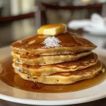 Close-up view of fluffy salted brown butter pancakes stacked on a plate.