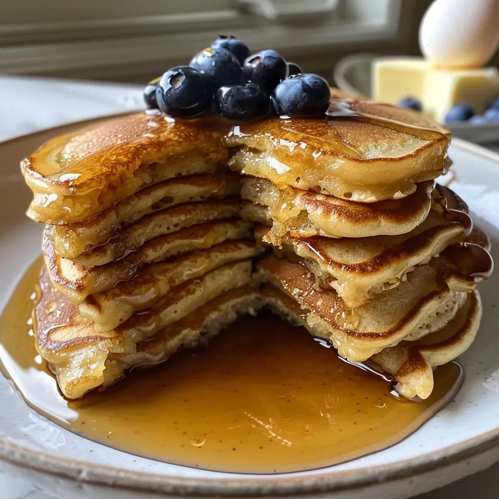 Soft, golden-brown pancakes drizzled with maple syrup and topped with a sprinkle of sea salt.