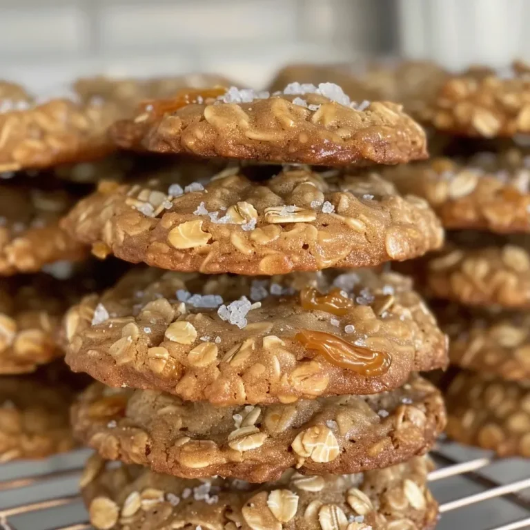 Indulgence Meets Comfort: The Ultimate Salted Caramel Oatmeal Cookies Close-up view of a freshly baked salted caramel oatmeal cookie with a golden-brown color and caramel bits.
