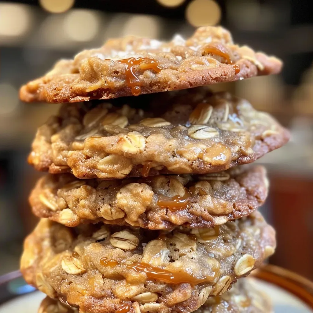 Side view of a soft, chewy salted caramel oatmeal cookie showing a gooey caramel center.