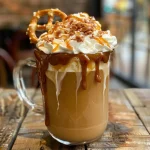 Close-up of a Salted Caramel Pretzel Latte in a glass, showcasing whipped cream and pretzel topping.