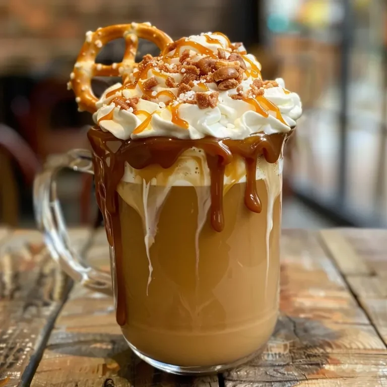 Close-up of a Salted Caramel Pretzel Latte in a glass, showcasing whipped cream and pretzel topping.