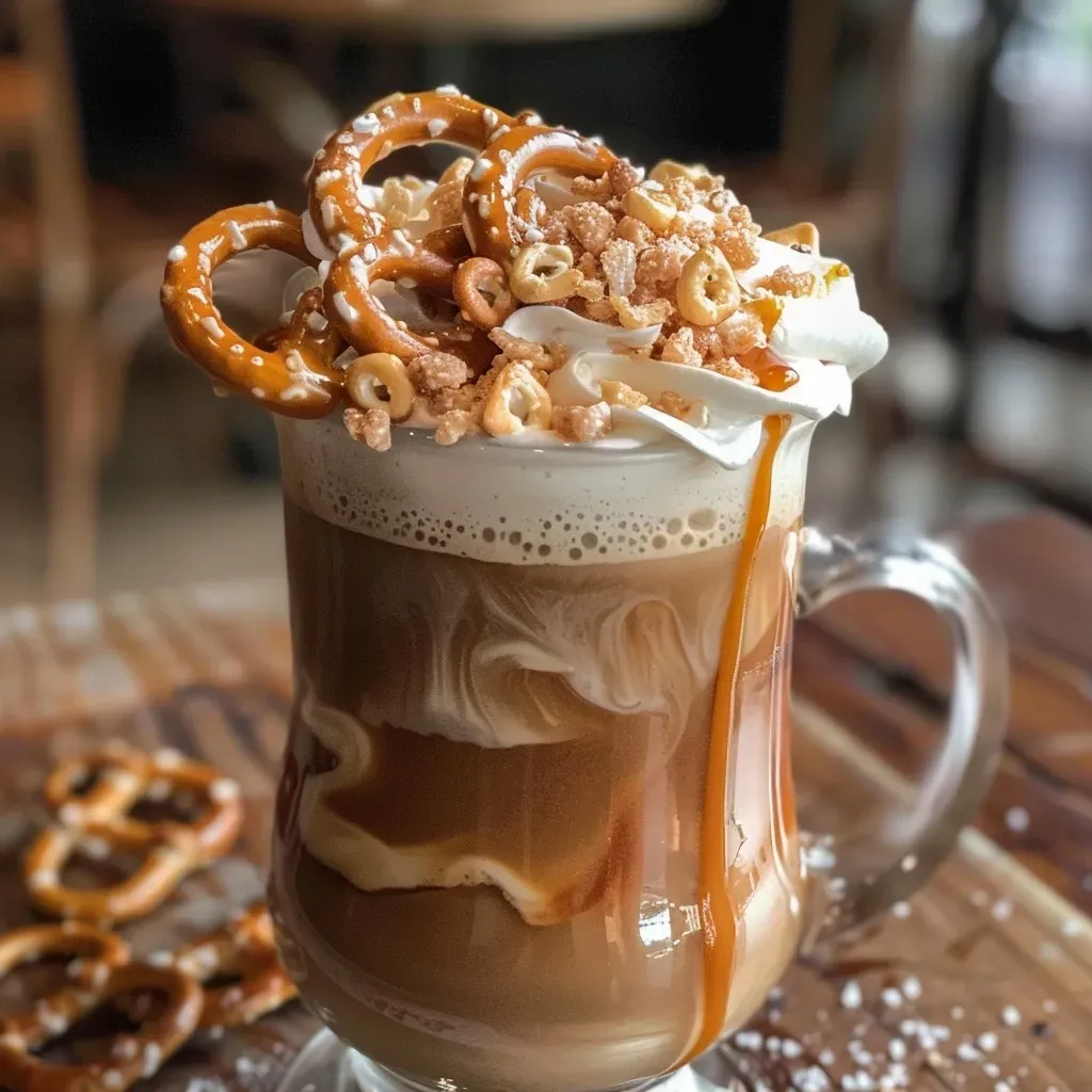 Side view of a creamy latte with caramel drizzle and crushed pretzels, served in a clear cup.