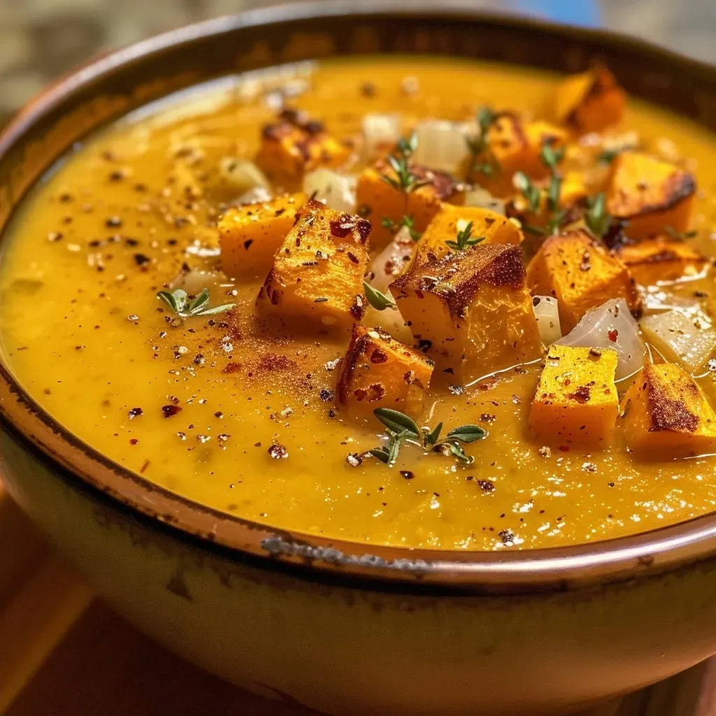 Side view of vibrant orange butternut squash soup served in a rustic bowl, showing its smooth texture.