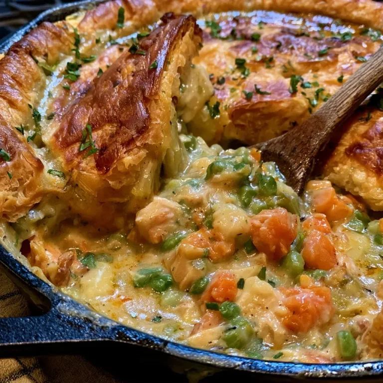 Close-up view of a golden-brown Skillet Turkey Pot Pie with a flaky crust and visible ingredients.