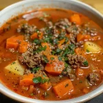 A close-up view of a bowl of ground beef and carrot soup, highlighting the chunky ingredients.