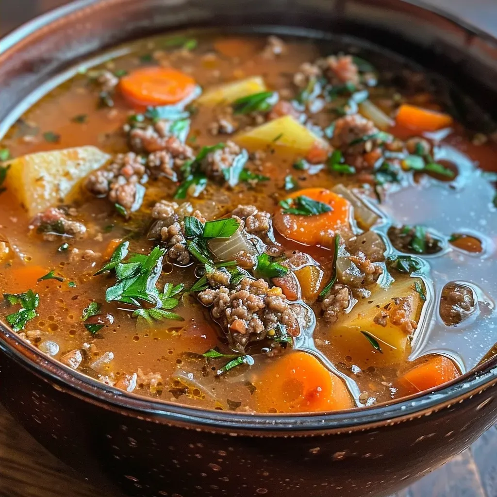 A side view of a hearty soup filled with ground beef, carrots, and fresh spinach in a bowl.