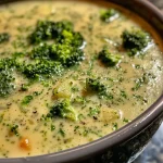 Close-up view of a creamy Smoked Gouda Broccoli Soup in a bowl.