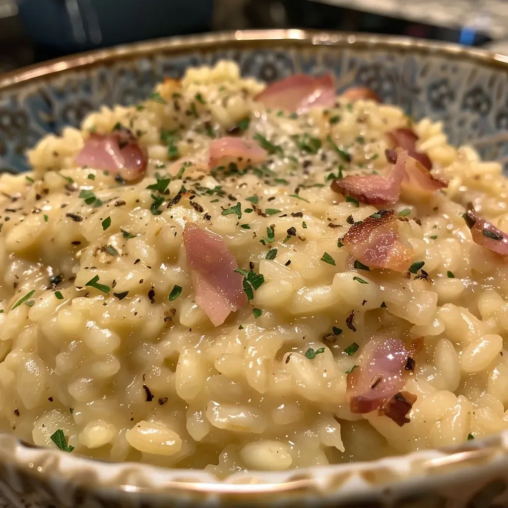 A steaming bowl of Smoked Gouda Risotto with a rich, creamy texture.