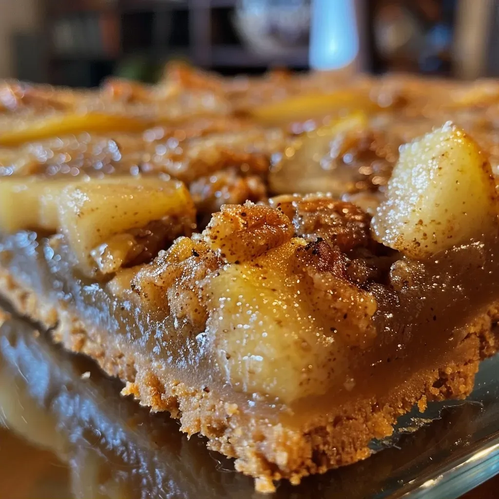 Side view of freshly baked pear bars with cinnamon and nutmeg sprinkled on top.