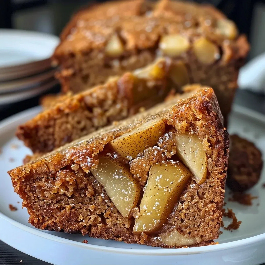 Side perspective of moist spiced pear bread, highlighting textural details and spices.