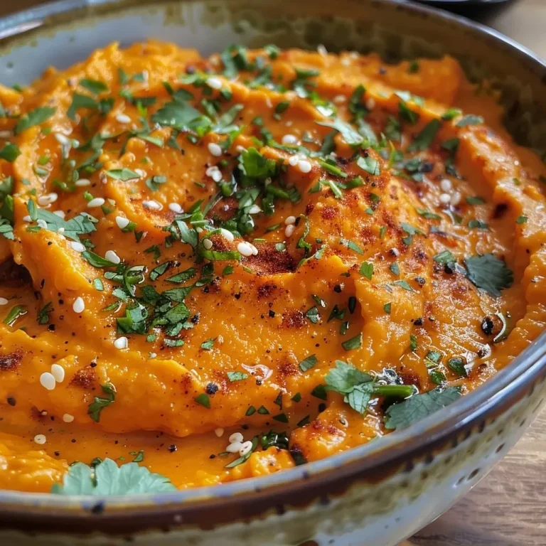 Elevate Your Snack Game with This Creamy Spiced Sweet Potato Dip Close-up of a creamy spiced sweet potato dip in a bowl with garnishes.