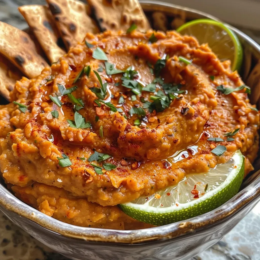 Side view of spiced sweet potato dip, showcasing its rich orange color and texture.