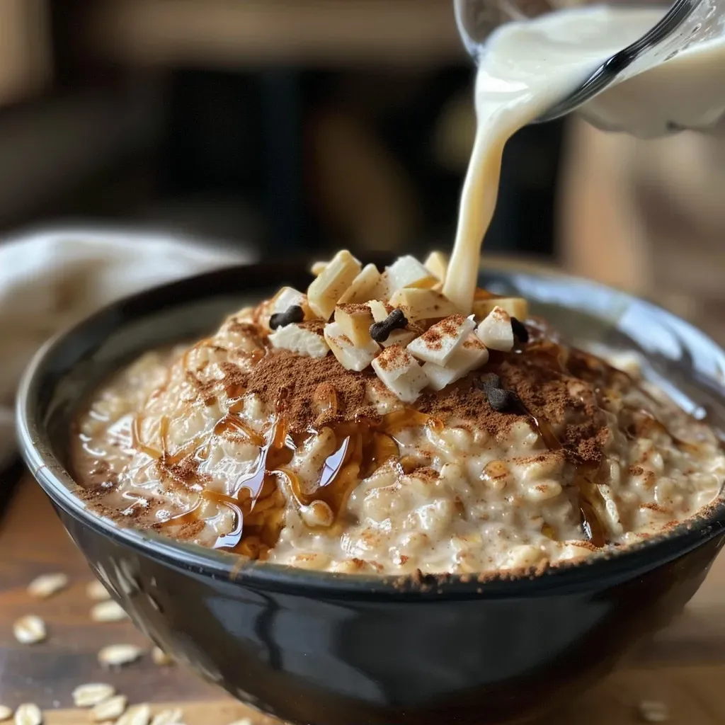 Side angle of a delicious bowl of oatmeal infused with chai spices and vanilla.