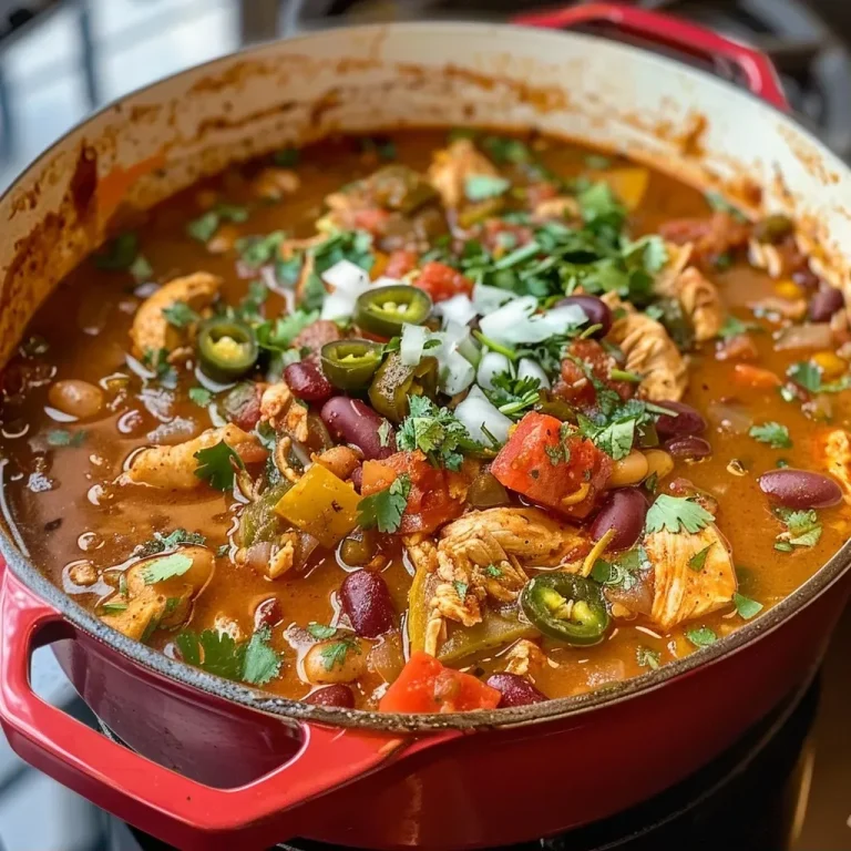 Close-up view of a bowl of Spicy Chicken Chili Stew with visible chicken, beans, and jalapeños.