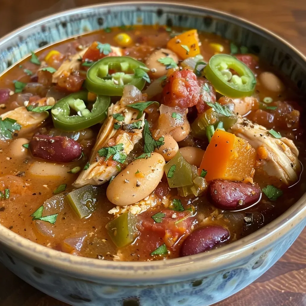 Side view of a hearty Spicy Chicken Chili Stew with colorful vegetables and chicken pieces.