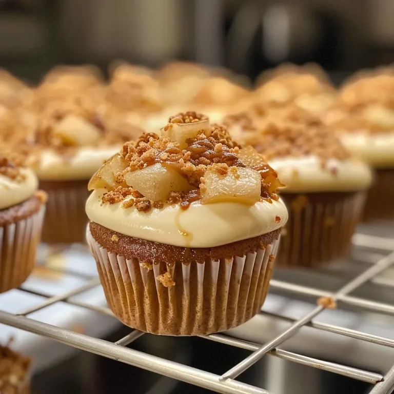 Indulge in Autumn: Spicy Pear & Marzipan Cupcakes with Caramel Cream Close-up view of a Spicy Pear & Marzipan Cupcake topped with caramel cream.