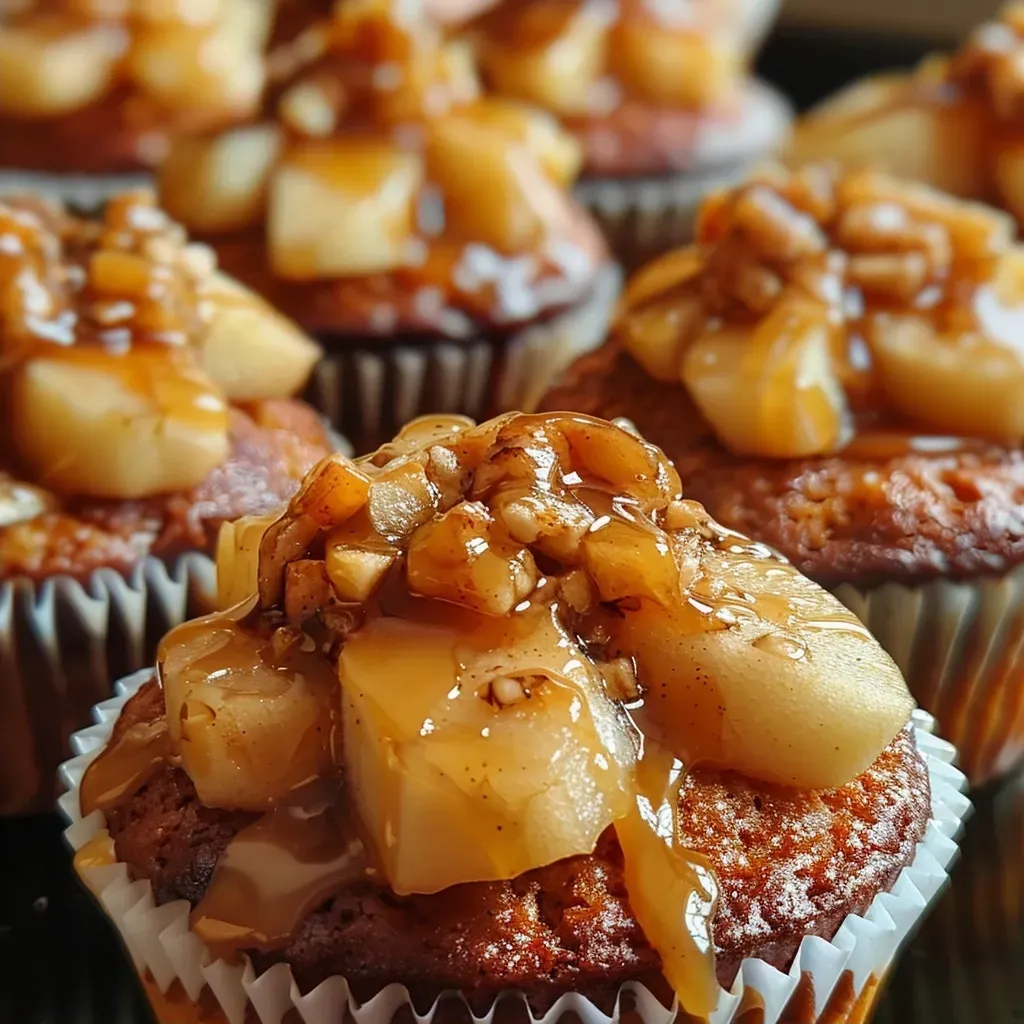 Side view of a delicious cupcake featuring marzipan and pear, drizzled with caramel.