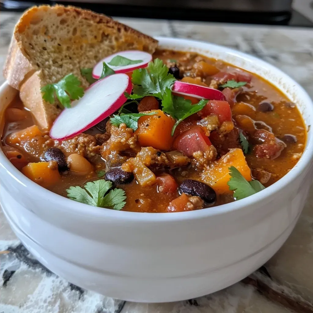 A side view of a hearty bowl of chili filled with root vegetables and topped with cilantro and radishes.