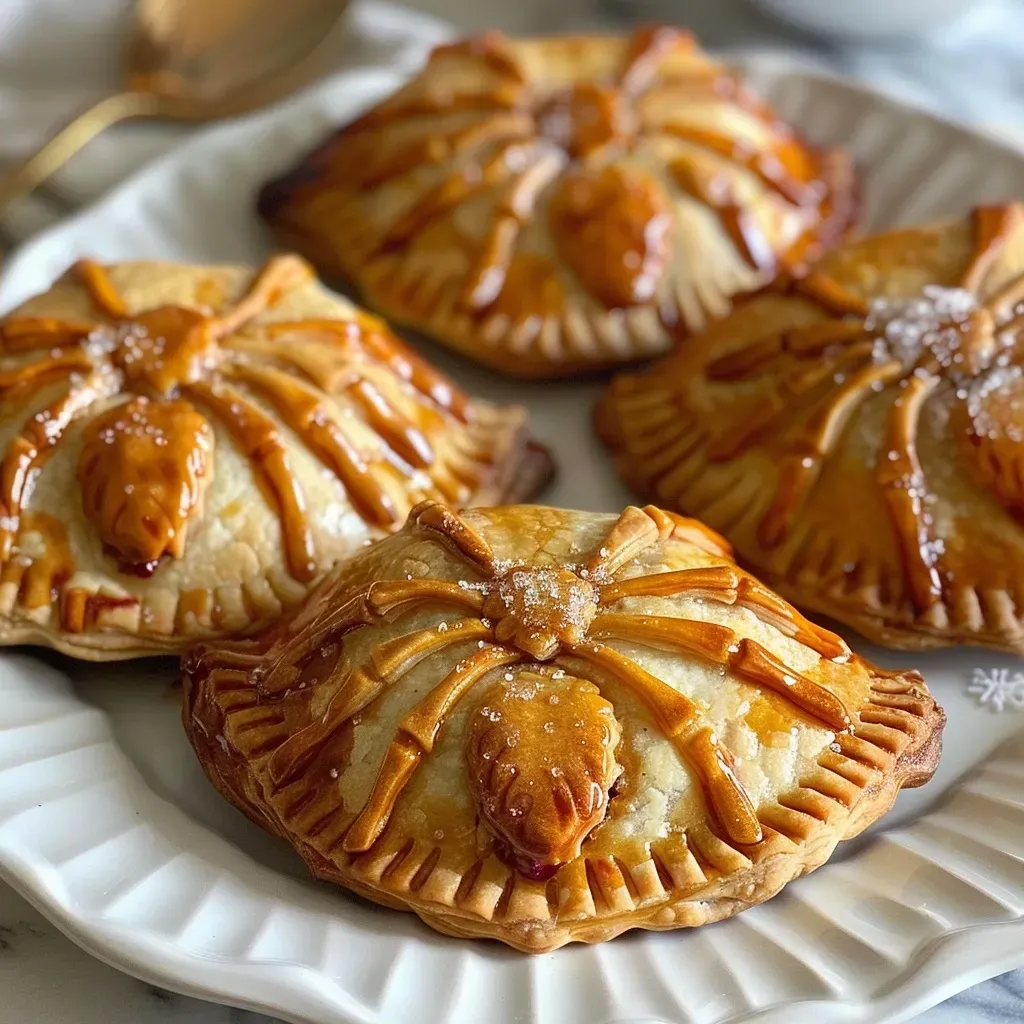 Side view of flaky Spider Hand Pies with a shiny crust and raspberry filling.