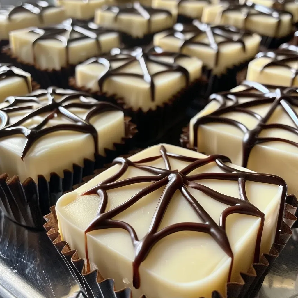 Side view of delicious Spider Web Fudge with intricate white chocolate swirls on top.
