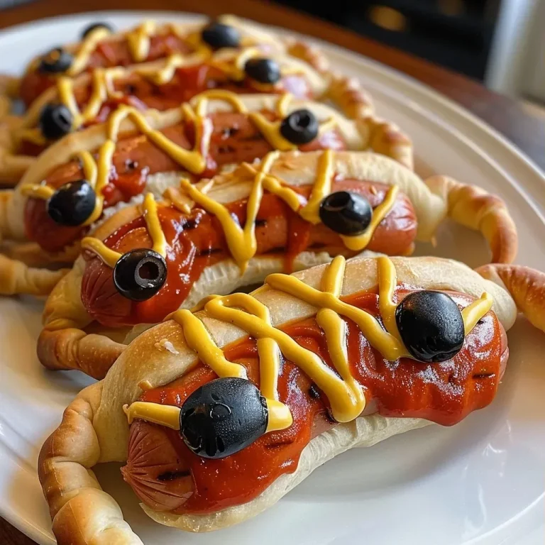 Creepy-Crawly Delights: Whipping Up Spooky Crescent Hot Dog Spiders Close-up of spooky hot dog spiders made from crescent roll dough, featuring black olive eyes.